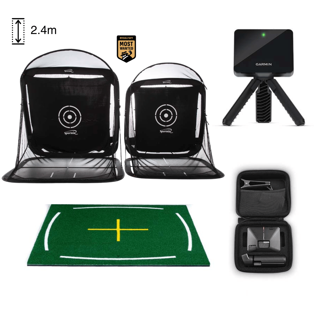 Spornia Golf Simulator Bundle #2: SPG-8 Net + Spornia Academy Commercial Mat + Garmin Approach® R10