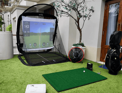 Spornia Golf Simulator Bundle #2: SPG-8 Net + Golf Teaching Hitting Mat + Garmin Approach® R10